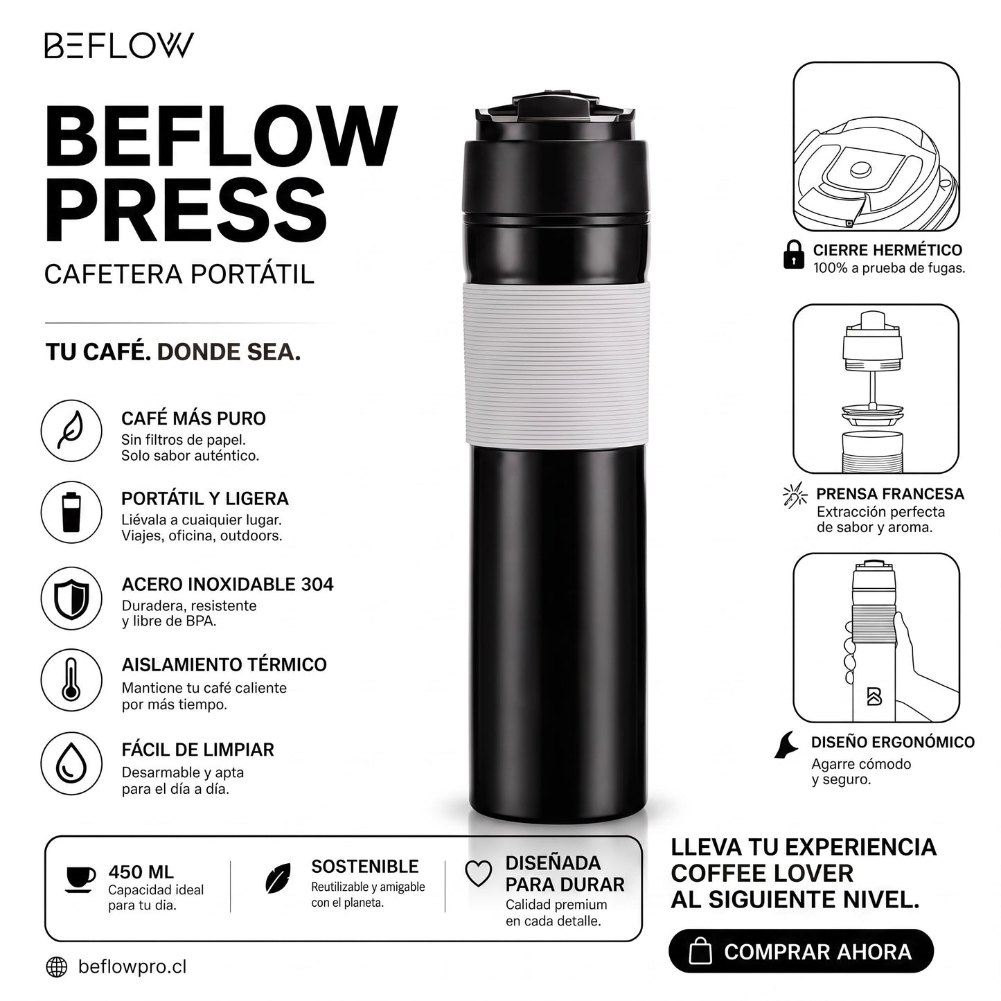 Cafetera Prensa Francesa Portátil 400ml – BEFLOW Press