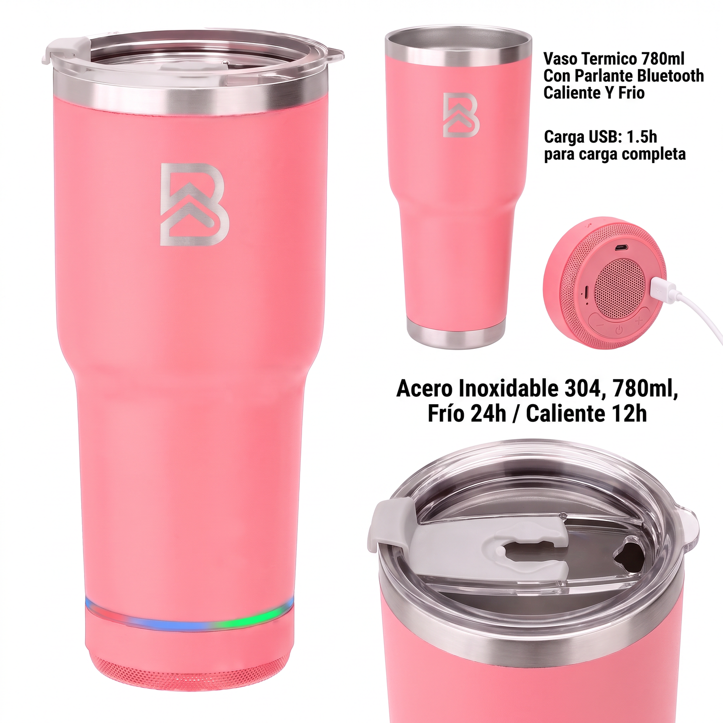 Vaso Térmico con Parlante Bluetooth 780ml Rosado - BEFLOW Beat