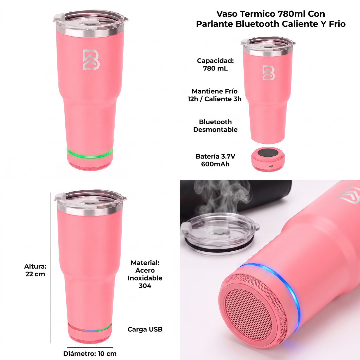 Vaso Térmico con Parlante Bluetooth 780ml Rosado - BEFLOW Beat